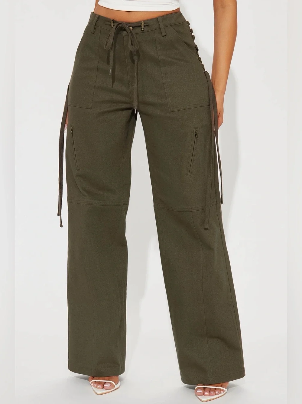 Women’s Olive Wide-Leg Cargo Jumpsuit Pants